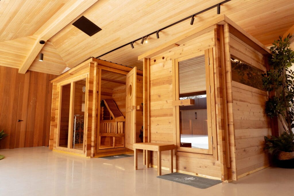 Wooden sauna rooms with modern interior design.