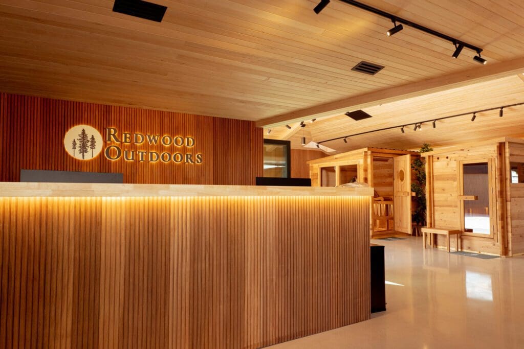 Wooden interior of Redwood Outdoors showroom.