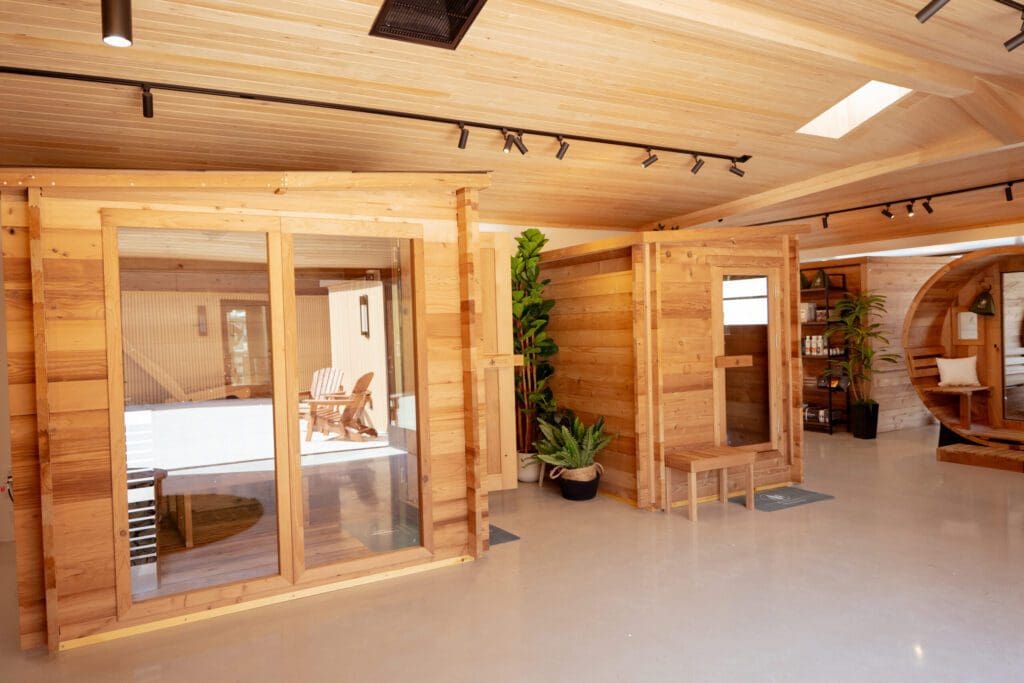 Wooden sauna room with modern interior design.